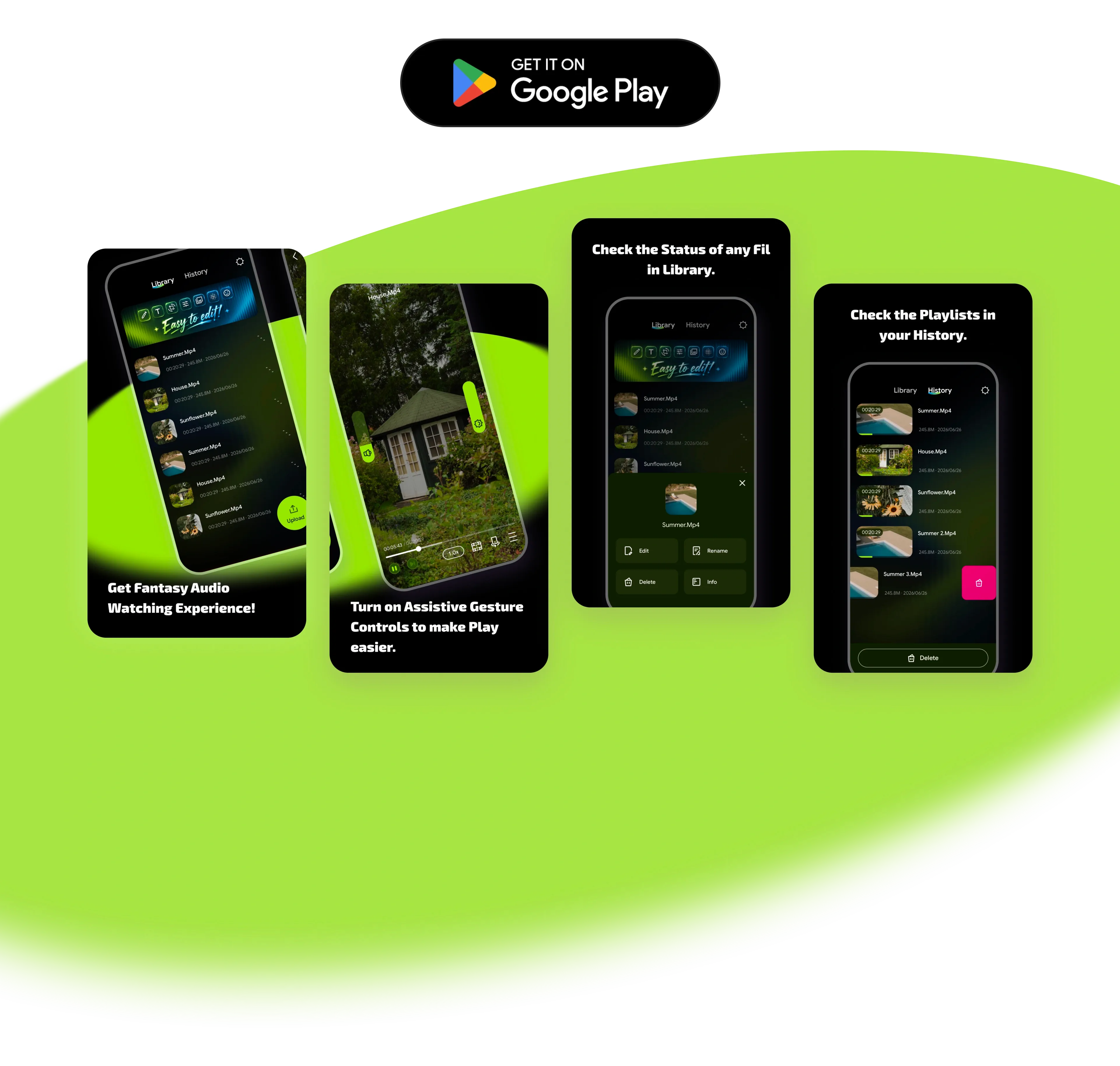 Fantasvid local video library, gesture controls, file status, and playback history